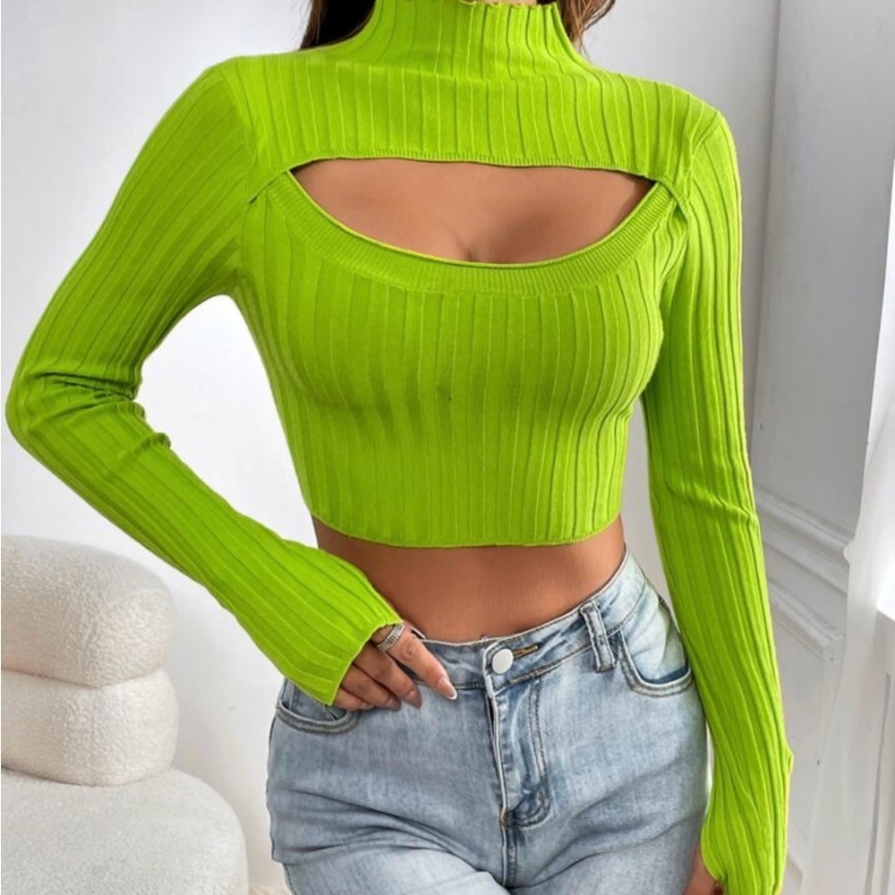SHEIN Green Ribbed Cutout Crop Top - Picture 3 of 5